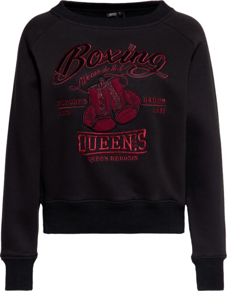 Queen Kerosin Damen Sweatshirt Boxing Boyfriend Pullover Schwarz