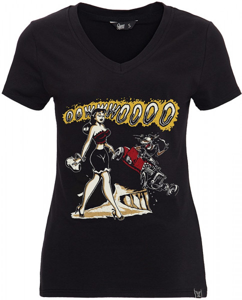 Queen Kerosin T-Shirt mit Frontprint und V-Ausschnitt QK5195358138 Schwarz