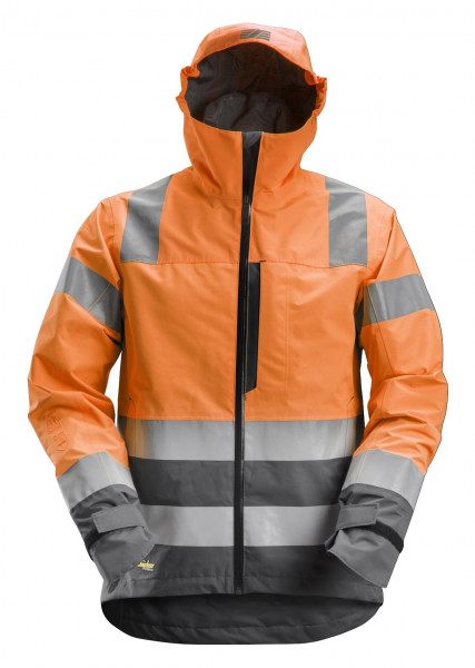 Snickers AllroundWork Hi-Vis wasserdichte Shell Arbeitsjacke, Kl. 3, EN 20471, 343 HV-Orange-Stahlgr