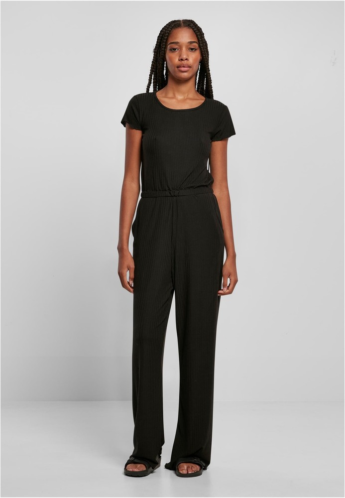 Urban Classics Damen Overall Ladies Rib Wid Leg Jumpsuit Schwarz - Damen