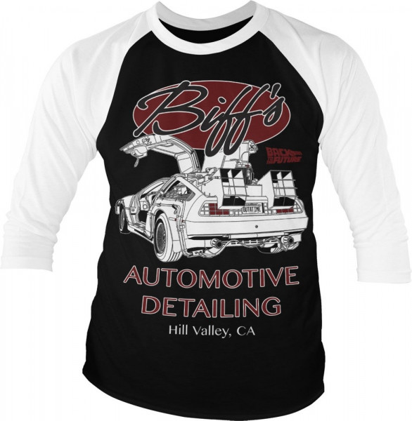 Back to the Future Biff's Automotive Detailing Baseball 3/4 Sleeve Tee T-Shirt White-Black