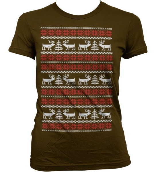 Hybris Christmas Knit Pattern White/Red Girly T-Shirt Damen Brown