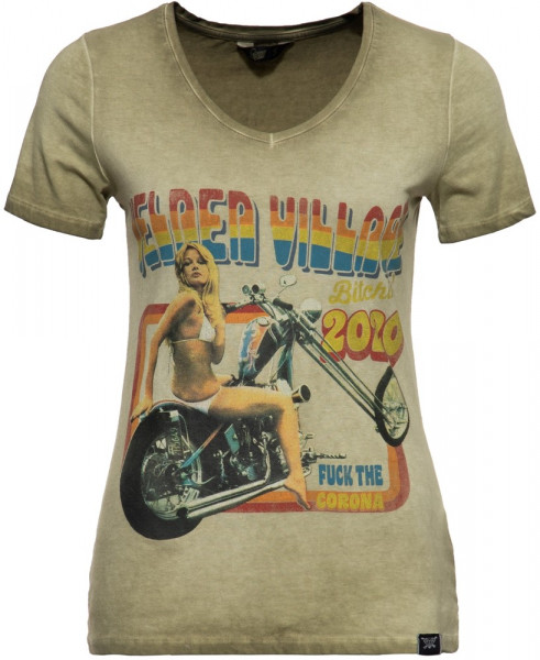 Queen Kerosin Slim Fit T-Shirt mit Retro-Print und Oilwash-Effekt QK4195358413 Olivgrün