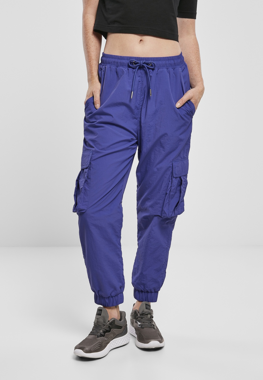 Urban Classics Damen Hose Ladies High Waist Crinkle Nylon Cargo Pants Blaupurple - Damen