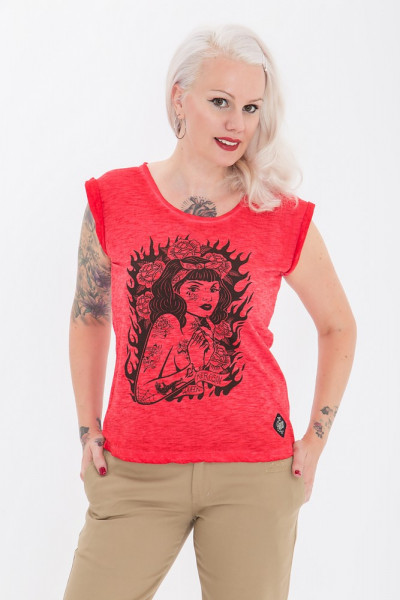Queen Kerosin T-Shirt mit stylischen Rollärmeln QK4195462040 Cherryrot