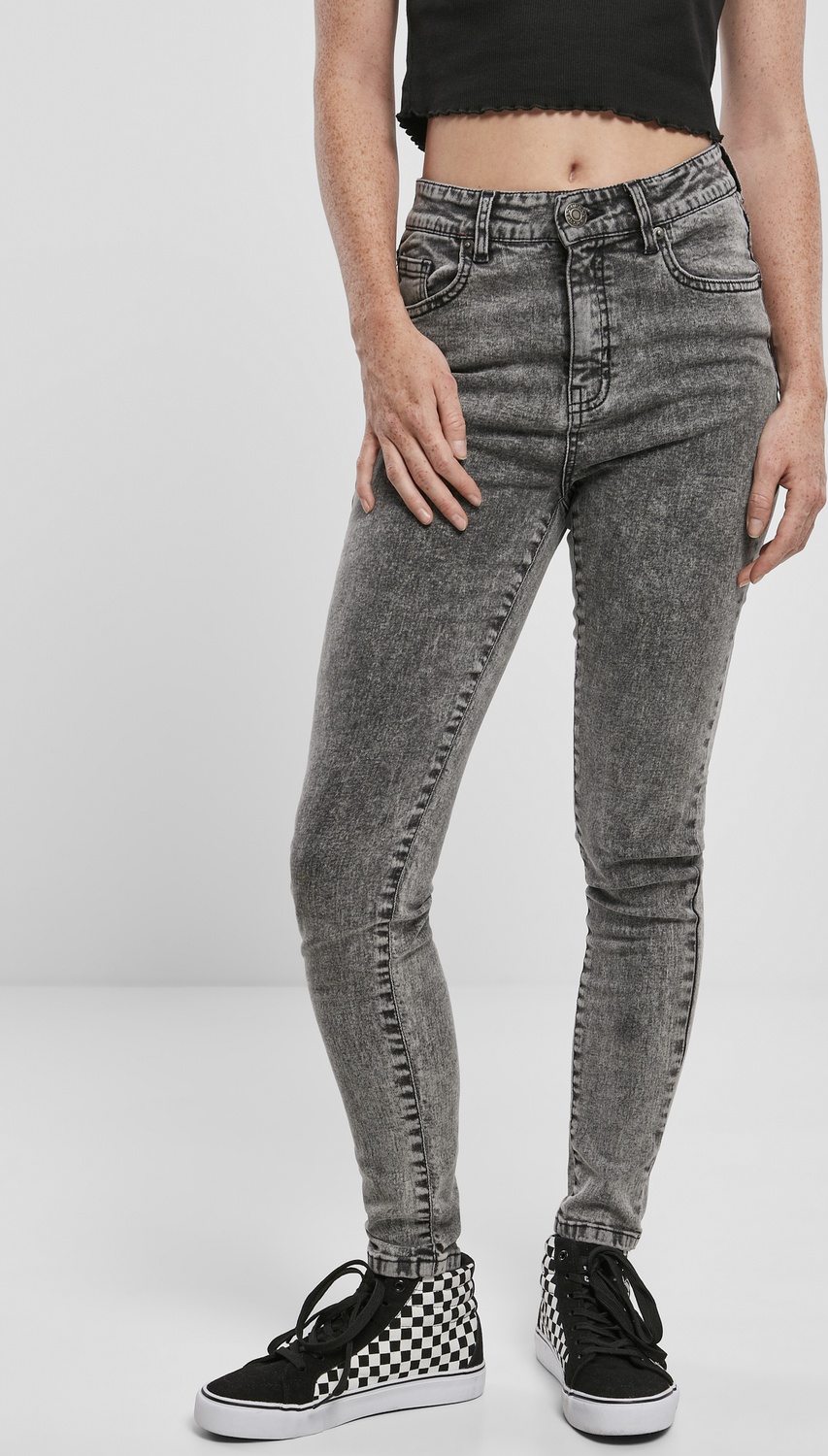 Urban Classics Damen Hose Ladies High Waist Skinny Jeans Schwarz Heavy Acid Washed - Damen