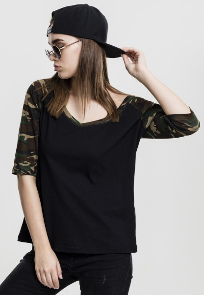 Urban Classics Female Shirt Ladies 3/4 Contrast Raglan Tee Black/Wood Camouflage