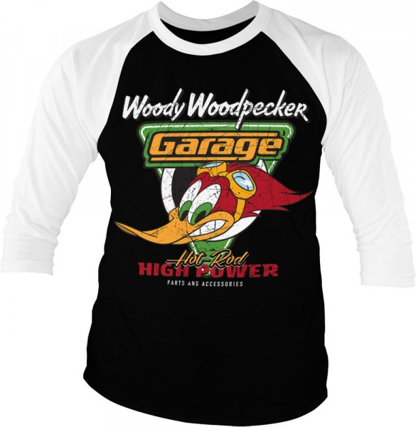Woody Woodpecker Garage Baseball 3/4 Sleeve Tee T-Shirt White-Black