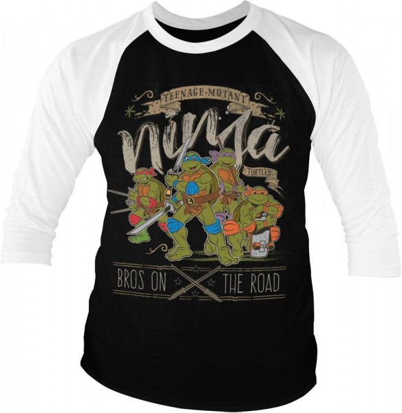 Teenage Mutant Ninja Turtles TMNT Bros On The Road Baseball 3/4 Sleeve Tee T-Shirt White-Black