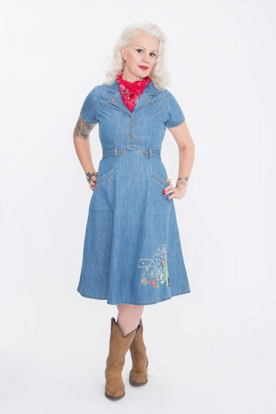 Queen Kerosin Denim Kleid mit Western Stickereien QK4191015054 Blau