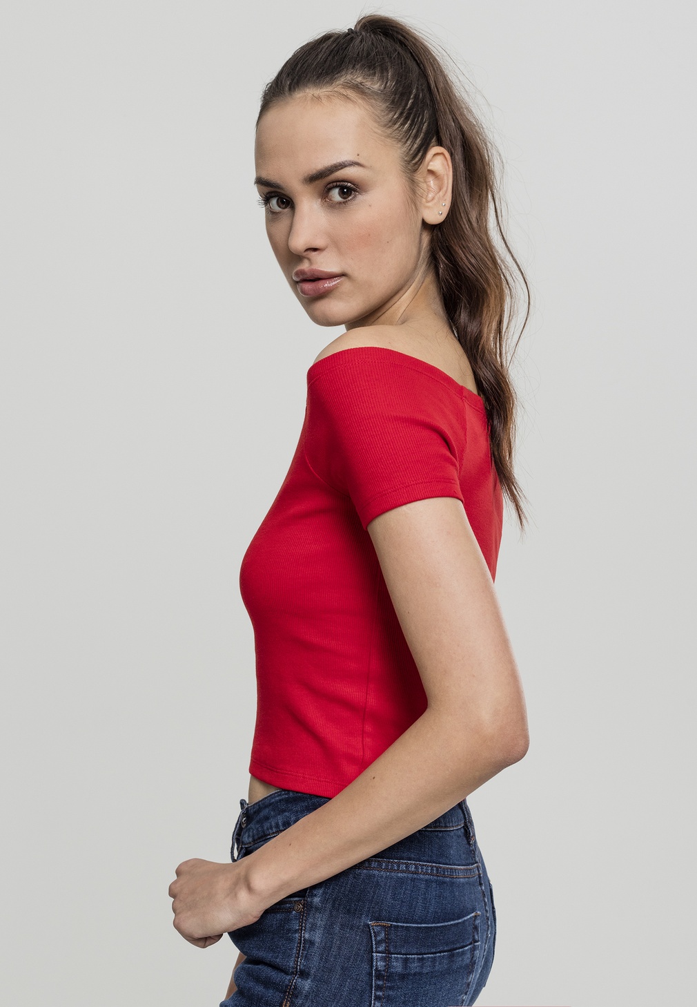 Urban Classics Damen Shirt Ladies Off Shoulder Rib Tee Fire Rot - Damen