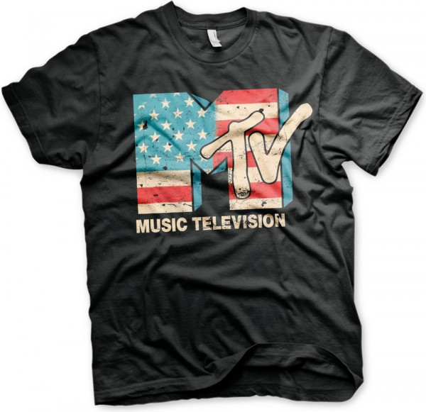 MTV Distressed USA-Flag T-Shirt Black