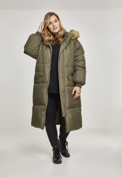 Urban Classics Women Jacket Ladies Oversize Faux Fur Puffer Coat Darkolive/Beige