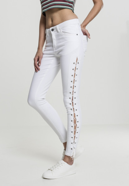 Urban Classics Damen Hose Ladies Denim Lace Up Skinny Pants White