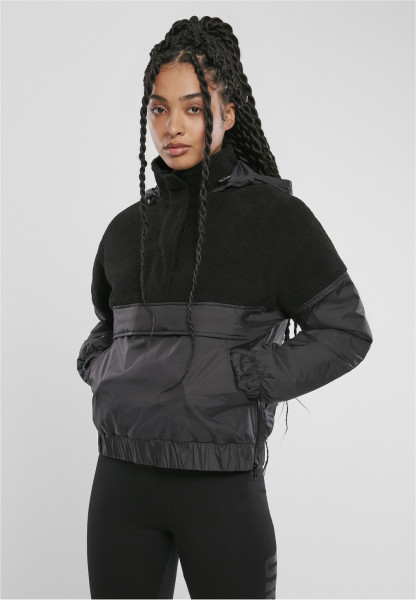 Urban Classics Women Jacket Ladies Sherpa Mix Pull Over Jacket Black
