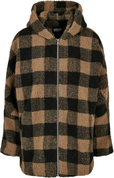 Urban Classics Damen Jacke Ladies Hooded Oversized Check Sherpa Jacket Softtaupe/Black