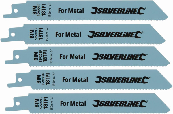 Silverline Sägeblätter Säbelsägeblätter für Metall, 5er-Pckg. Bimetall, 18 ZpZ, 150 mm