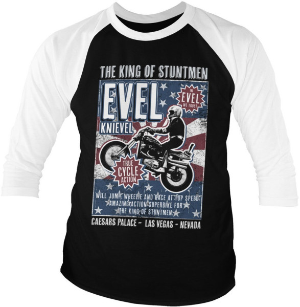 Evel Knievel Poster Baseball 3/4 Sleeve Tee Longsleeve White-Black