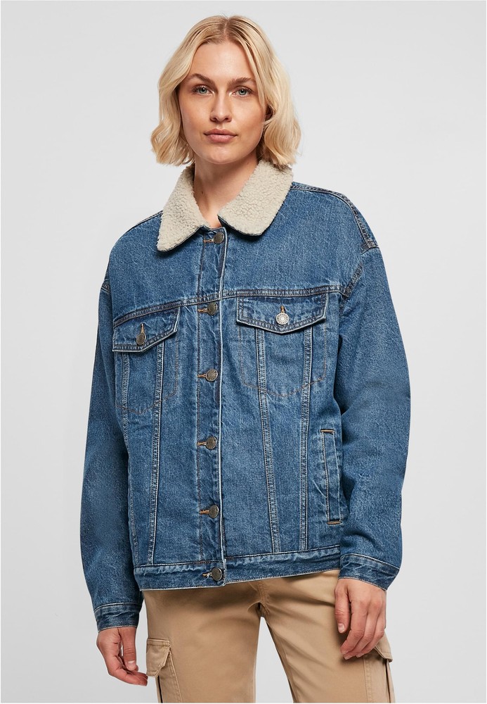 Urban Classics Damen Jacke Ladies Oversized Sherpa Denim Jacke Clearblue Washed - Damen