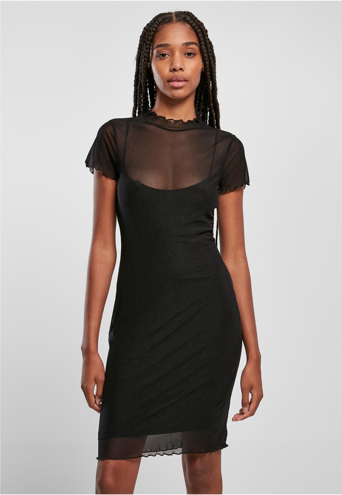 Urban Classics Damen Kleid Ladies Mesh Double Layer Dress Schwarz - Damen
