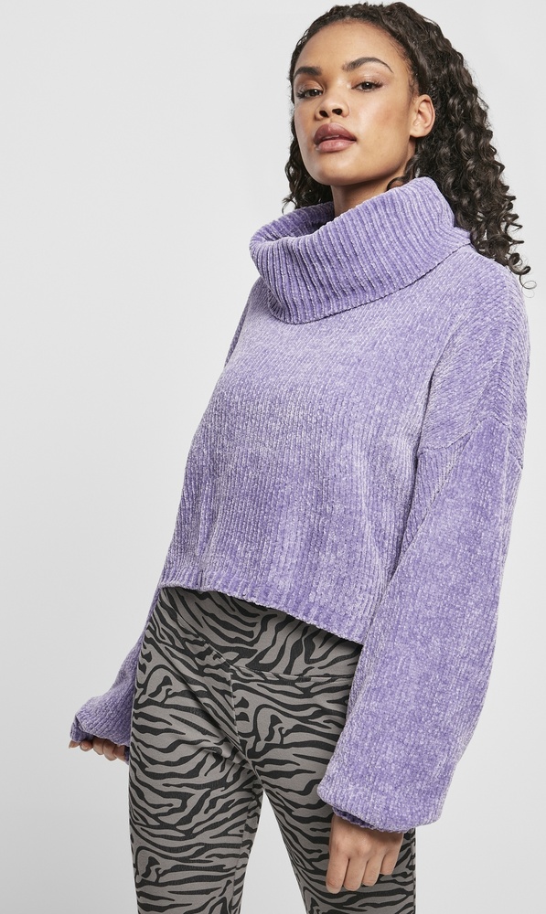 Urban Classics Damen Sweatshirt Ladies Short Chenille Turtleneck Sweater Lavender - Damen