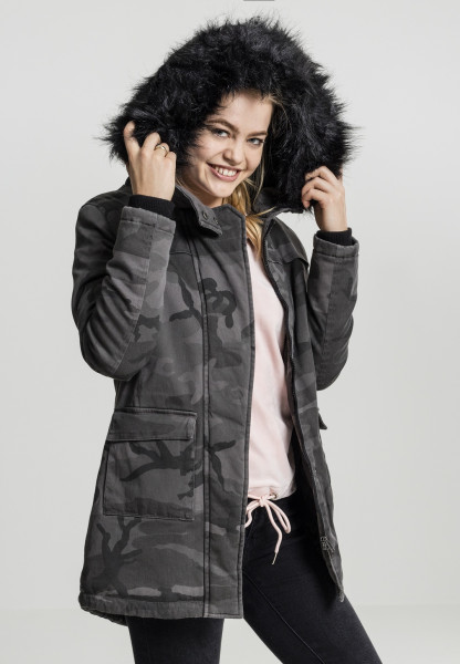 Urban Classics Women Winter Jacket Ladies Overdyed Camo Parka Dark Camouflage