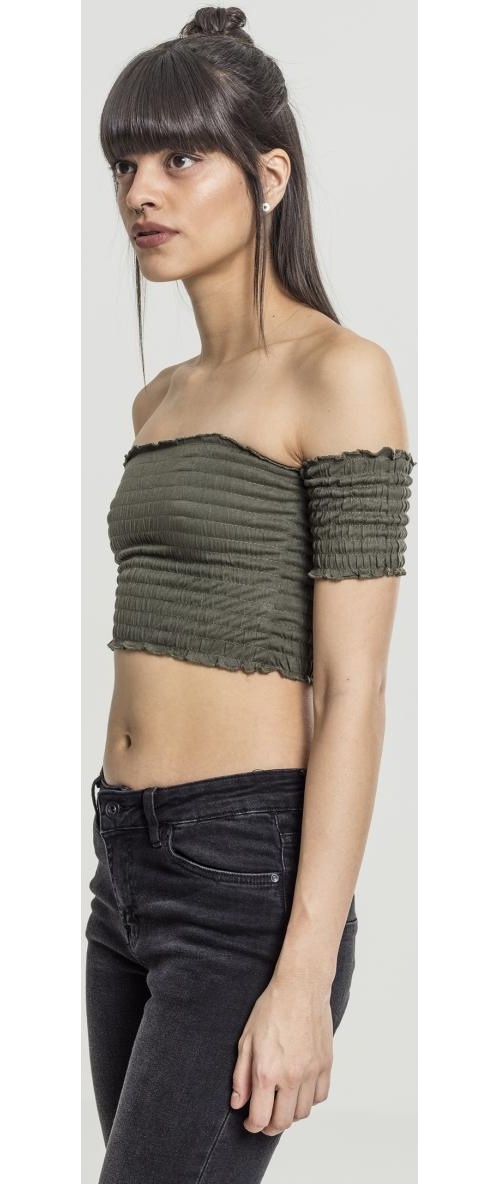Urban Classics Female Shirt Ladies Cropped Cold Shoulder Smoke Top Olive | T -Shirts / Tops | Damen | Lifestyle