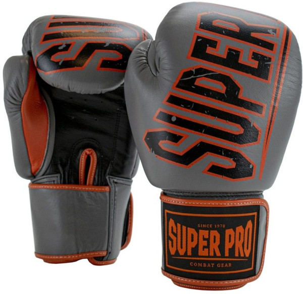 Super Pro Combat Gear Challenger Leder (Thai-)Boxhandschuhe Grau/Orange/Schwarz