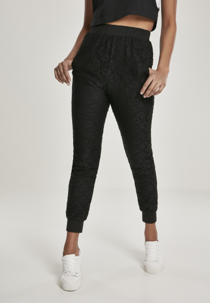 Urban Classics Women Trousers Ladies Lace Jersey Jog Pants Black