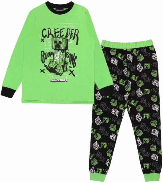 Minecraft - Creeper Boom (Kids Unisex Long Pyjama Set) Jungen Kinder Schlafanzug Black