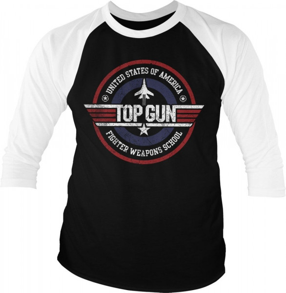 Top Gun Fighter Weapons School Baseball 3/4 Sleeve Tee T-Shirt White-Black