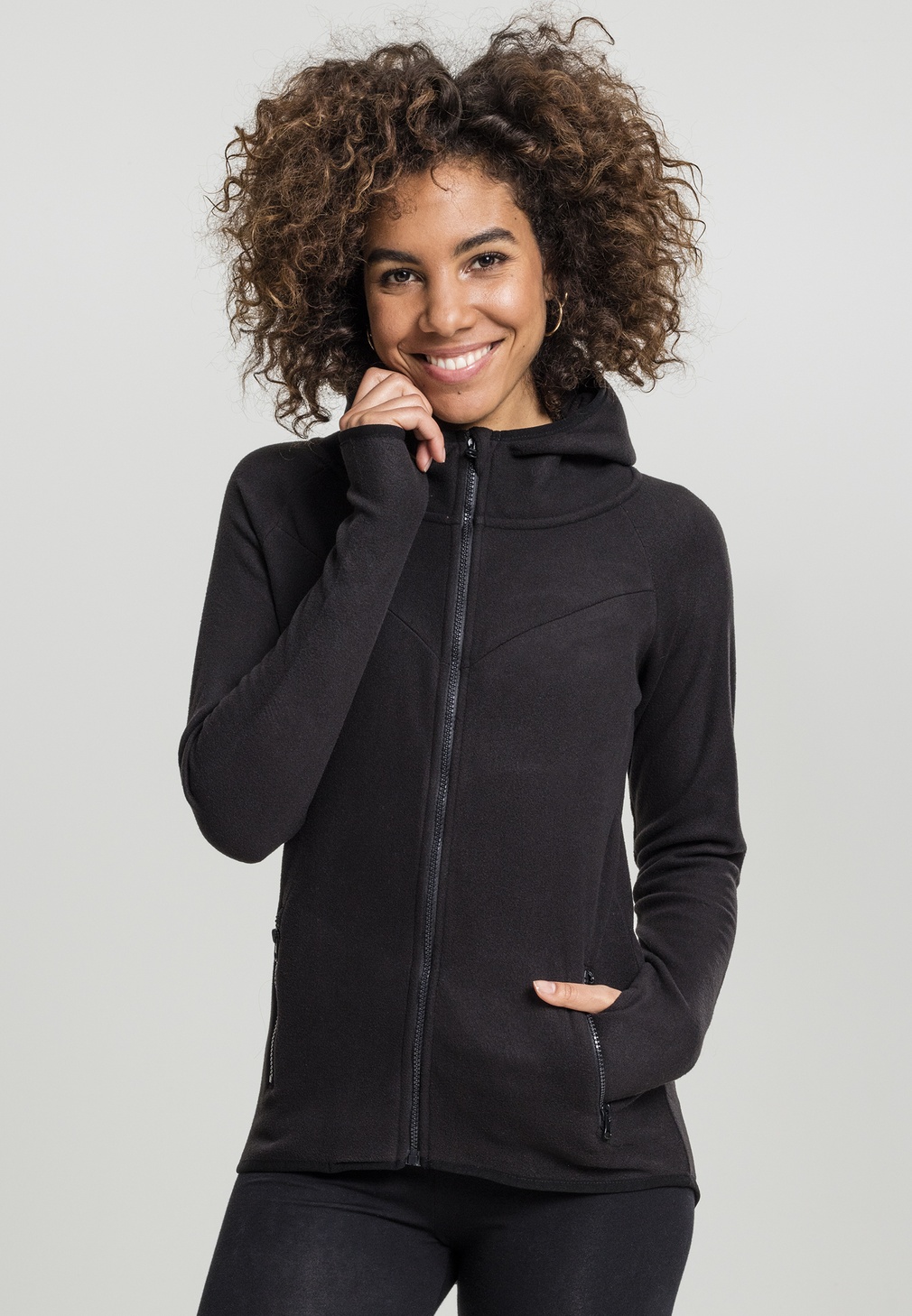 Urban Classics Damen Hoodie Zip Ladies Polar Fleece Zip Hoody Schwarz - Damen
