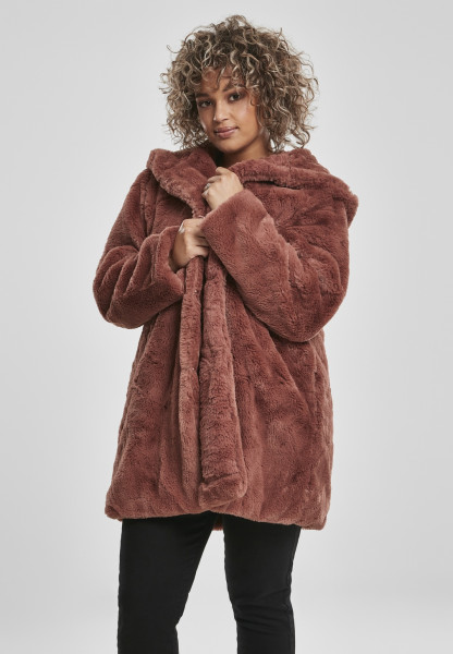 Urban Classics Women Winter Jacket Ladies Hooded Teddy Coat Darkrose