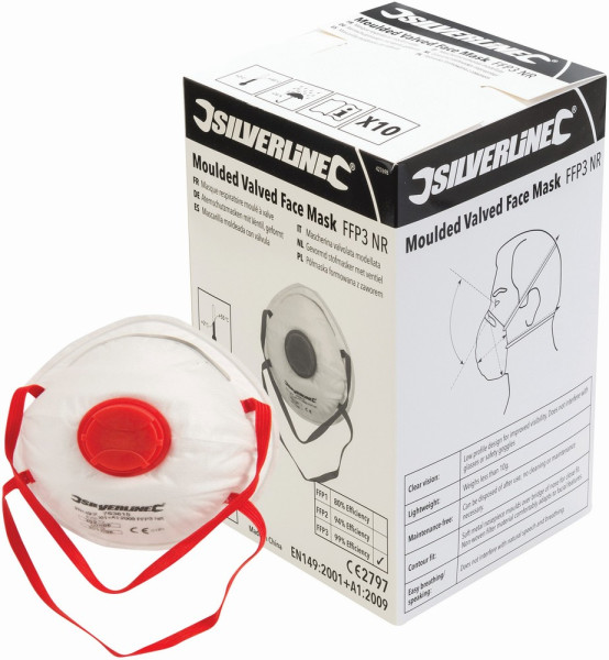 Silverline Mundschutz FFP-3-NR-Atemschutzmasken mit Ventil, geformt, 10er-Pckg. FFP3 NR