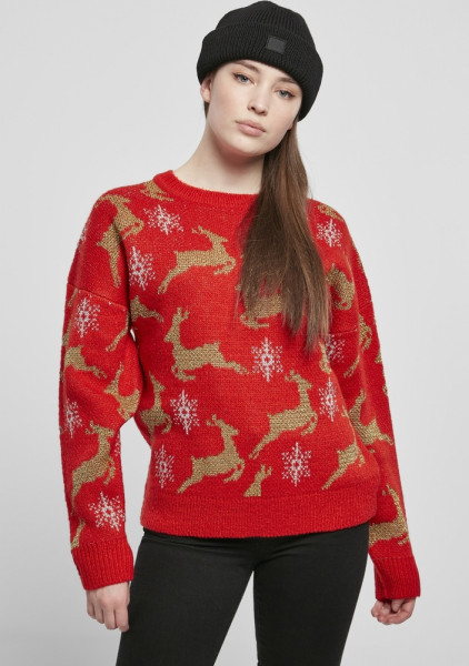 Urban Classics Damen Sweatshirt Ladies Oversized Christmas Sweater Red/Gold