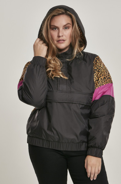 Urban Classics Damen Winterjacke Ladies AOP Mixed Pull Over Jacket Black/Leo