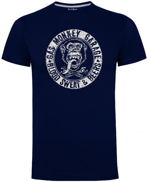 Gas Monkey Garage T-Shirt Blood Sweat and Beers Distressed Monkey Circle Navy Blue