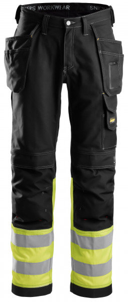 Snickers Hi-Vis Baumwoll-Arbeitshose m. Holstertaschen, Kl. 1, EN 14404, 20471 Schwarz-HV-Gelb