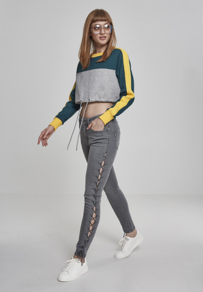 Urban Classics Damen Pullover Ladies Cropped 3-Tone Stripe Crew Grey/Jasper/Chromeyellow