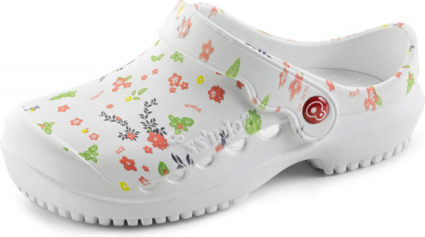 Schu'zz Schuzz Damen Clog Berufsschuhe PROTEC Femme imprimé Liberty sur blanc / Weiß