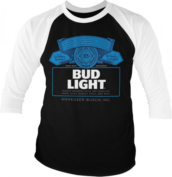 Budweiser Bud Light Label Logo Baseball 3/4 Sleeve Tee T-Shirt White-Black