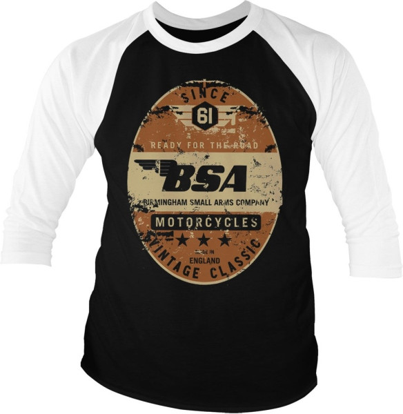 BSA Birmingham Small Arms Co. Baseball 3/4 Sleeve Tee T-Shirt White-Black