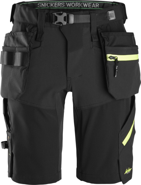 Snickers kurze Arbeitshose FlexiWork Softshell Stretch Shorts mit Holstertaschen Schwarz/Neongelb