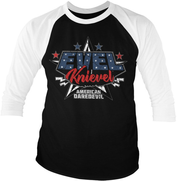 Evel Knievel American Daredevil Baseball 3/4 Sleeve Tee Longsleeve White-Black