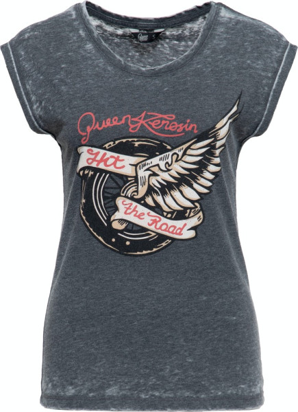 Queen Kerosin Damen T-Shirt Enzyme Wash Hit the Road Wheel
