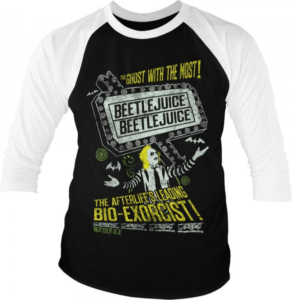 Beetlejuice The Afterlife's Leading Bio-Exorcist Baseball 3/4 Sleeve Tee T-Shirt White-Black