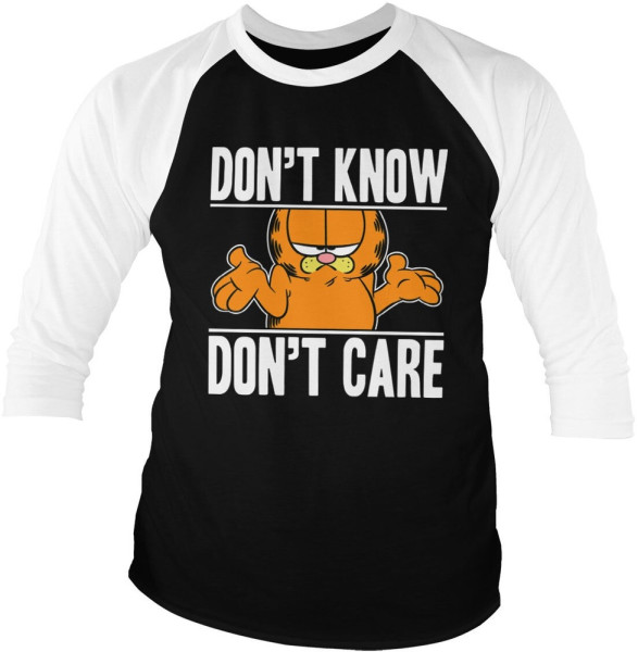 Garfield Don't Know Don't Care Baseball 3/4 Sleeve Tee Longsleeve White-Black