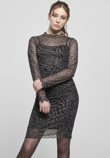Urban Classics Damen Kleid Ladies AOP Double Layer Dress Asphalt/Black